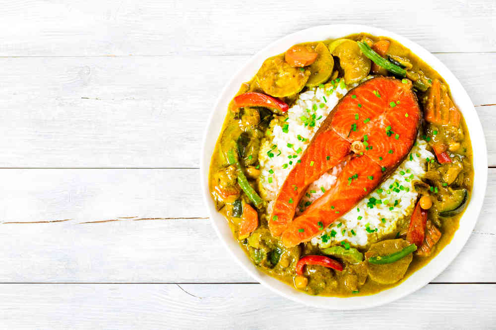 curry, turmeric, red fish, rice